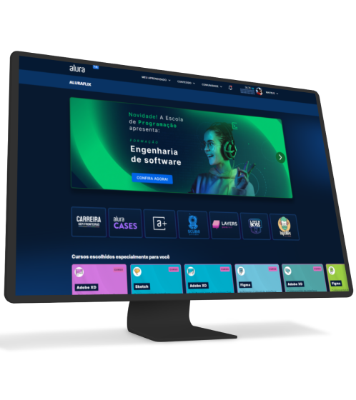 Um monitor e um celular com a alura plus aberta